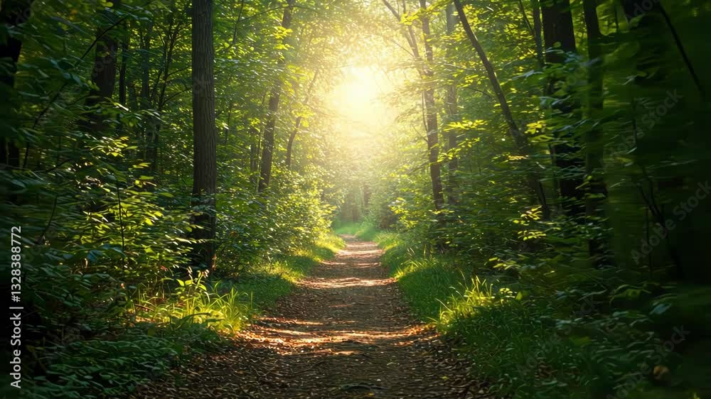 A peaceful forest path bathed in warm sunlight and lush greenery. A peaceful forest path bathed in warm sunlight and lush greenery.