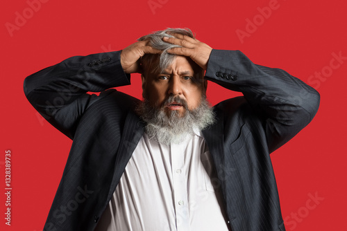 Afraid mature man on red ba...