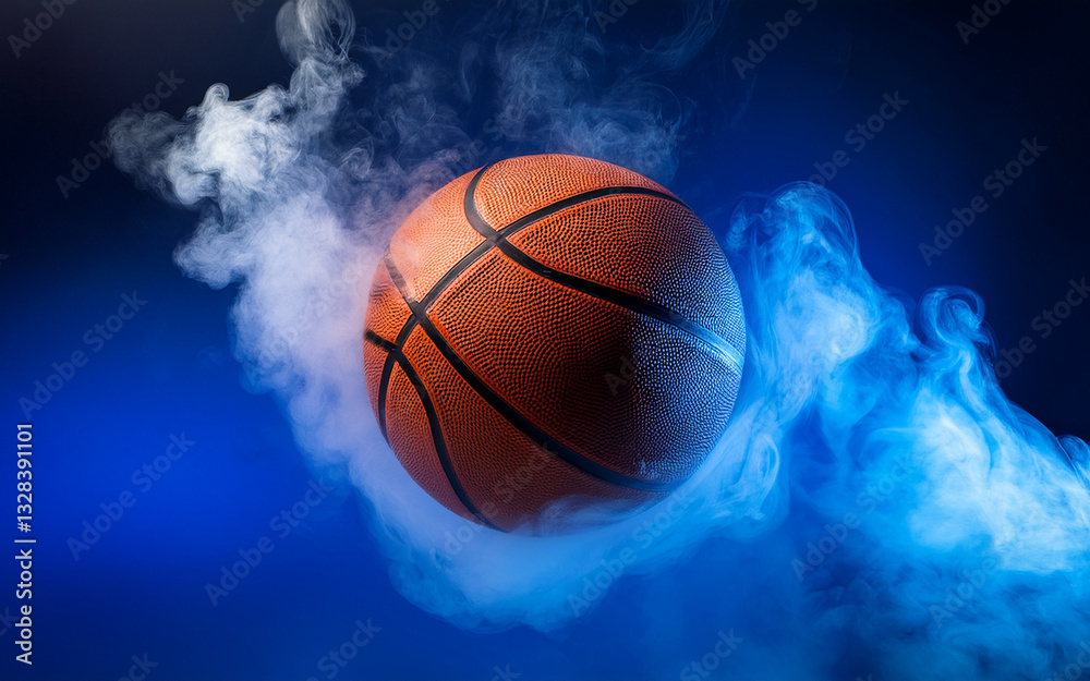 Fototapeta premium Basketball ball in blue smoke on a black background. Copy space.