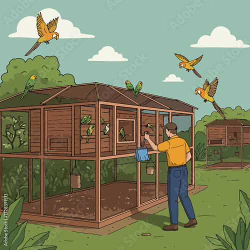 Feeding Birds in Aviary with Tropical Birds Flying Around Illustration