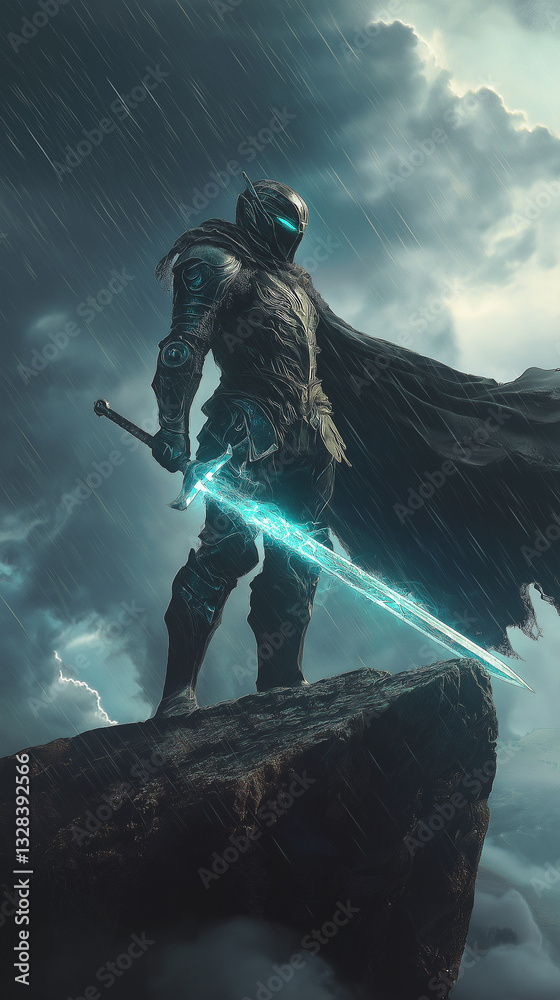 Naklejka premium Epic fantasy warrior standing on a cliff during a storm, cape blowing in the wind, glowing sword, dark clouds, dramatic lighting, ultra detailed armor