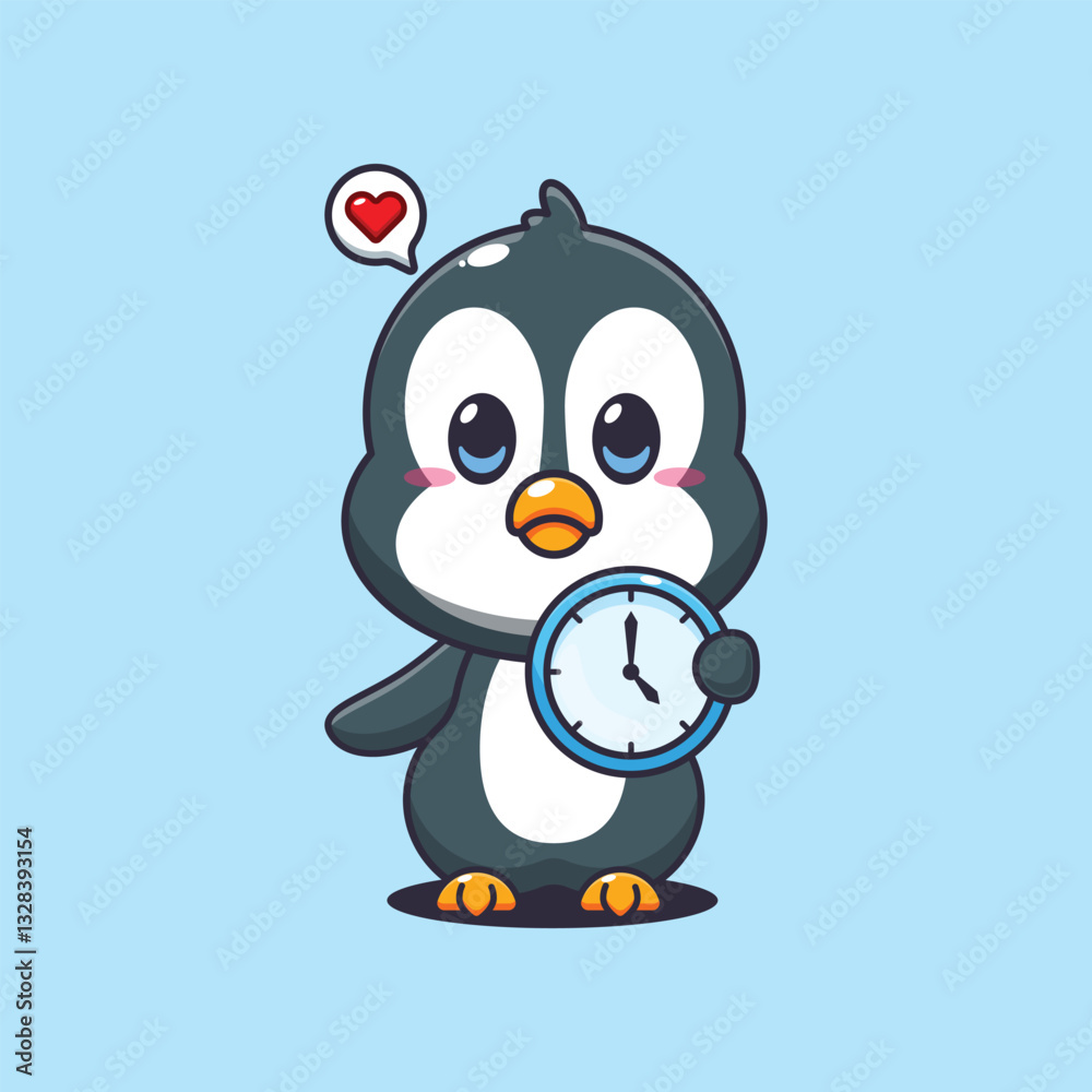 Obraz premium Penguin cartoon vector illustration with clock