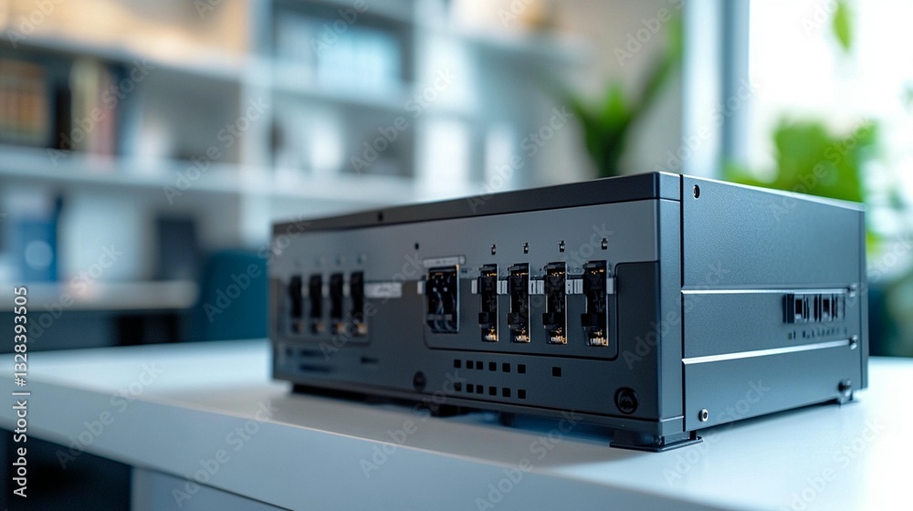 Close-up of a dark gray rectangular device with multiple ports and connectors, sitting on a white table in a blurred office background. Close-up of a dark gray rectangular device with multiple ports and connectors, sitting on a white table in a blurred office background.