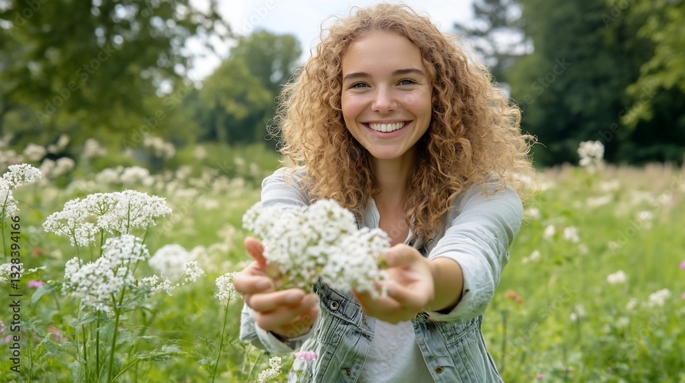 Happy girl offering flowers in field, smiling, close-up shot Happy girl offering flowers in field, smiling, close-up shot