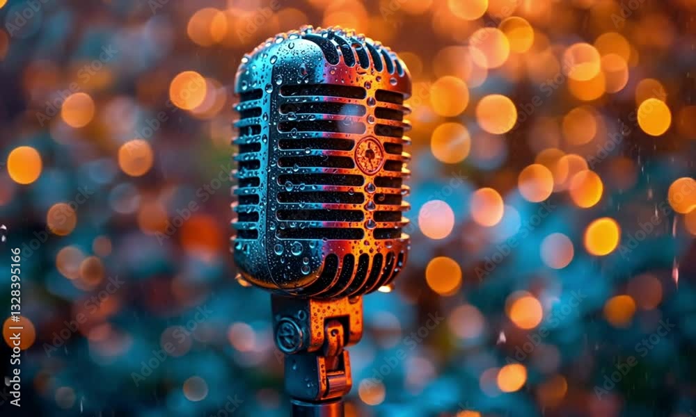 Vintage Microphone in Rain, Bokeh Background