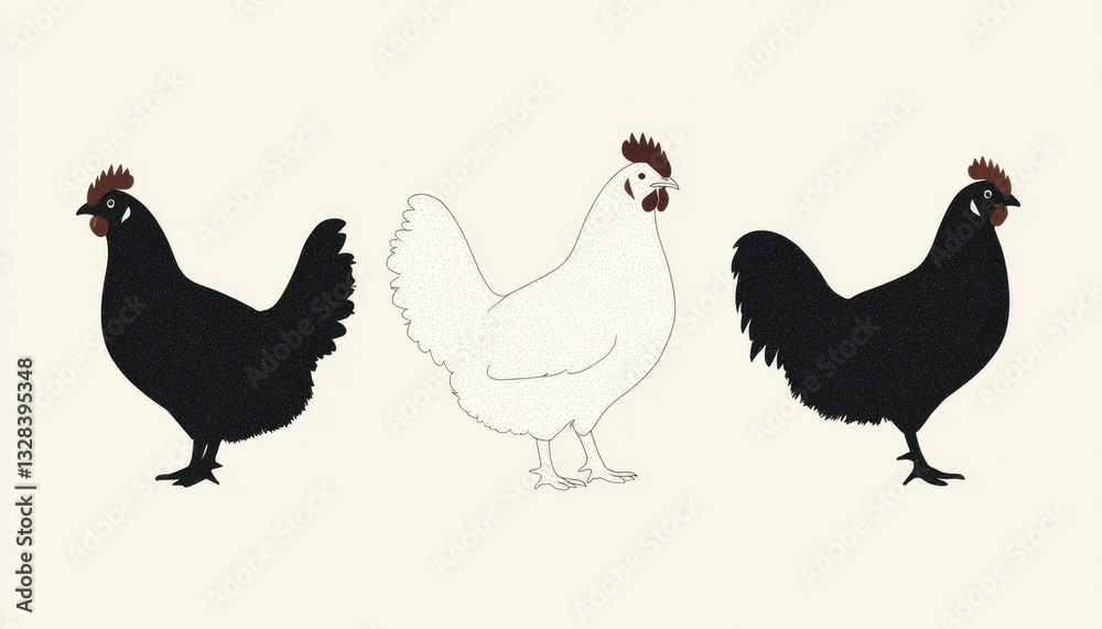 Fototapeta premium Three chickens, one white, two black, depicted in profile. Simple, clean illustration