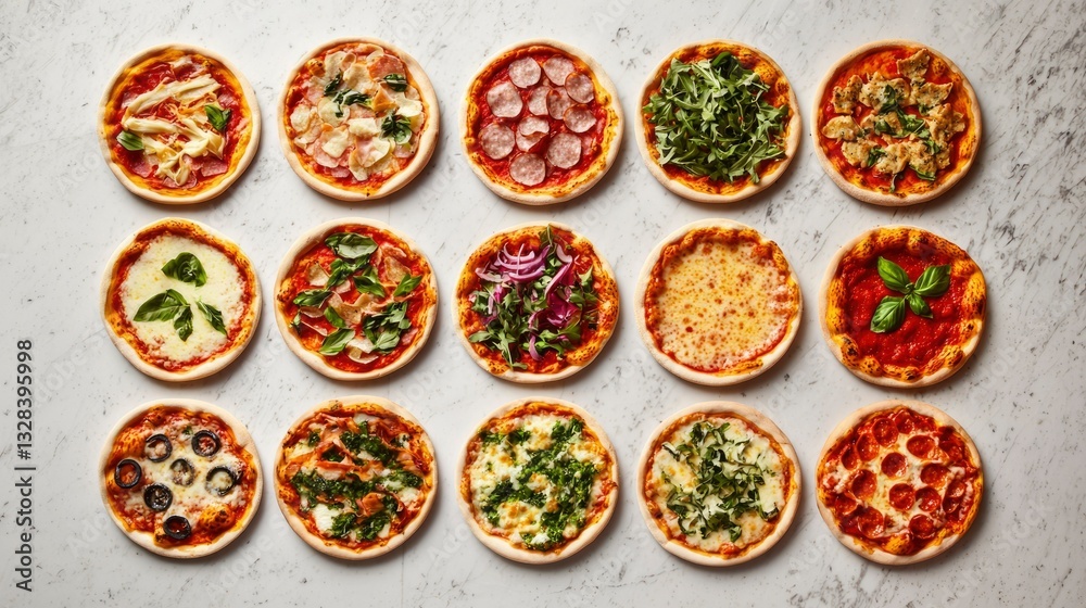 A variety of mini pizzas with diverse toppings arranged in a grid pattern A variety of mini pizzas with diverse toppings arranged in a grid pattern