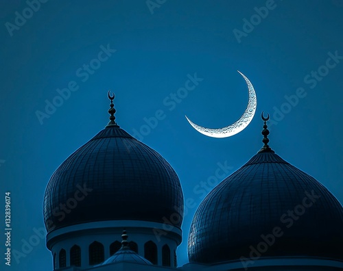 The silhouette of the two domes against a clear night sky with a crescent moon, symbolizing Ramadan and spiritual reflection in an Islamic mosque complex. The color scheme is blue, with a crescent moo