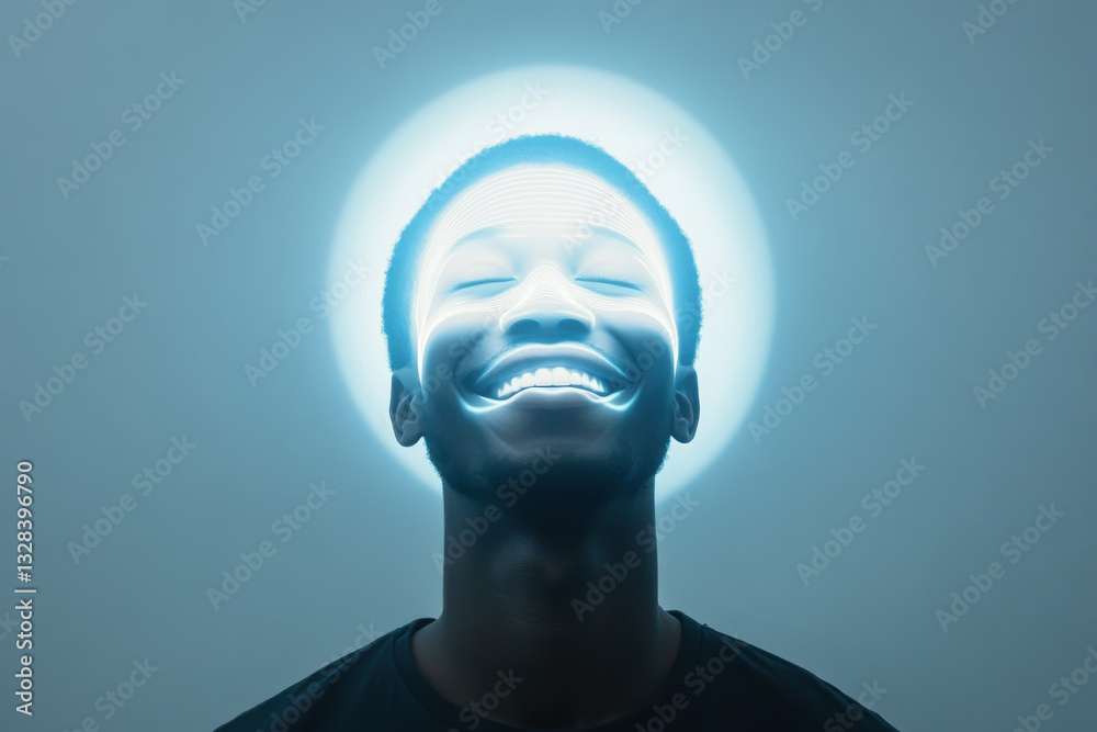 Obraz premium A man whose silhouette is topped by a floating, luminous hologram of a smiling face, illustrating the contrast between outward cheer and inner pain