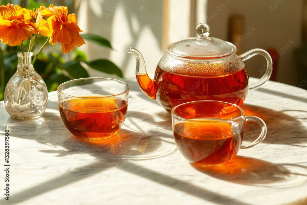 Sunlit tea set on marble table with flowers Sunlit tea set on marble table with flowers