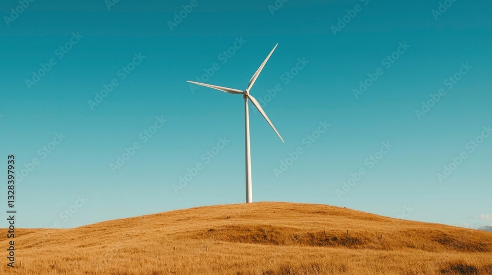 Solitary wind turbine atop a golden hill under a clear blue sky Solitary wind turbine atop a golden hill under a clear blue sky