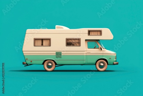 Retro camper van, teal and cream, side profile against turquoise background. Ideal for adventure travel