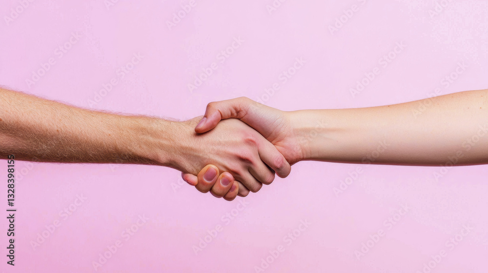 Fototapeta premium Two hands shaking in gesture of friendship and unity against pink background, symbolizing connection and collaboration