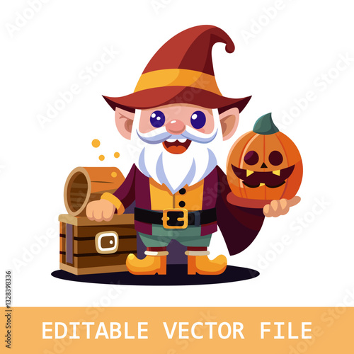 Cute Pirate Gnome Holding Jack-o-Lantern and Treasure Chest for Halloween