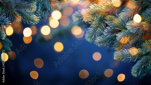 Festive Christmas Tree Branches with Warm Golden Lights on a Dark Blue Background Generated Image