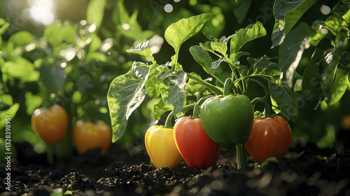 Colorful bell peppers growing on plants in lush garden, showcasing vibrant colors and healthy foliage