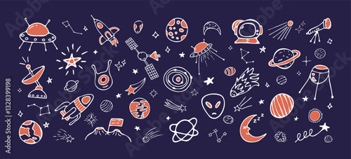 Set Space Doodle Icons. Hand Drawn Line Cosmic Elements. Childish Drawing Cosmic Illustration. Crayon, Ink, Pencil Drawing. Night Starry Sky. International Cosmonautics day. Planets, Rocket, Star.