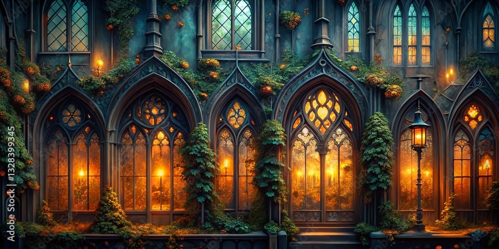 Fototapeta premium Spooky Halloween Architectural Wallpaper: Tileable Gothic Mansion Background for Autumn Holiday Decorations