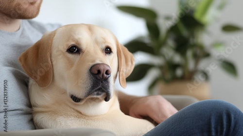 Loyal yellow Lab resting on owner's lap, indoor setting