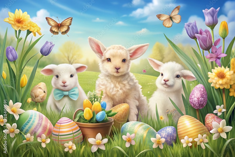 Fototapeta premium Spring Easter Animals & Flowers Landscape: Festive Pastel Colors, Perfect for Cards & Prints