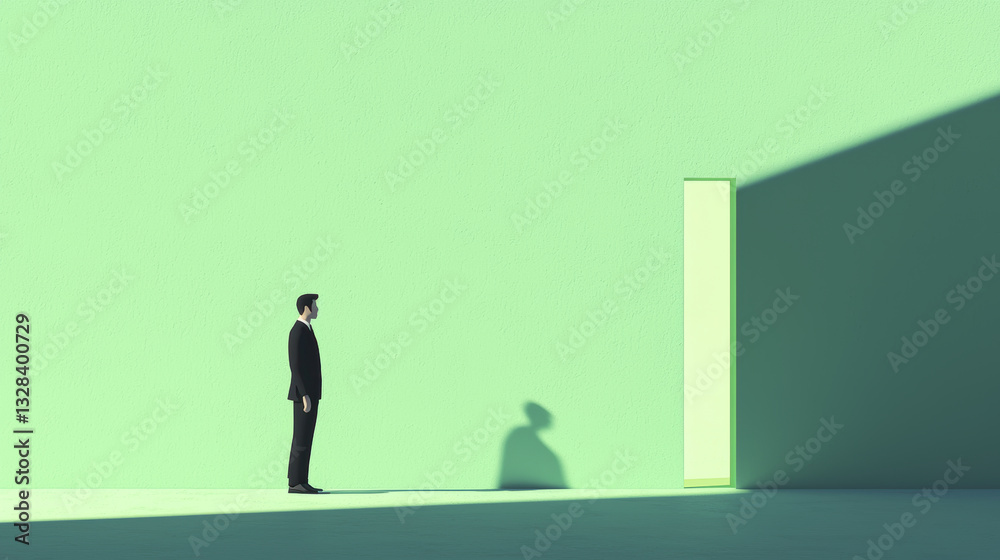 Obraz premium man in suit stands before green wall, contemplating open door casting shadow