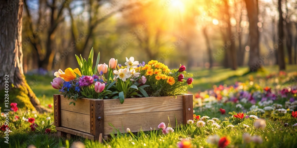 Spring Garden Flowers in Wooden Box - Rustic Floral Arrangement Stock Photo Spring Garden Flowers in Wooden Box - Rustic Floral Arrangement Stock Photo