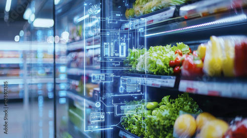 Futuristic AI powered smart retail with digital interface and fresh produce