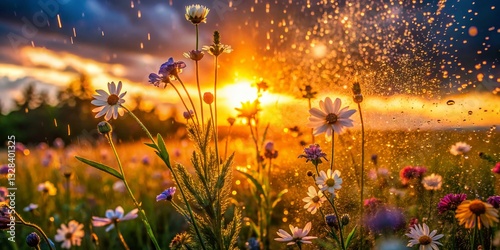 Spring Rain Sunset  Vibrant Wildflowers Dancing in Soft Evening Glow
