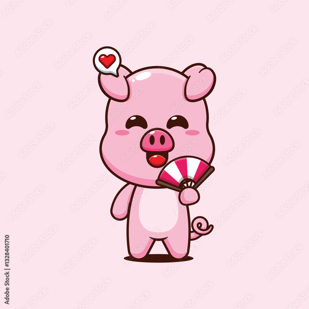 Pig cartoon vector illustration with hand fan Pig cartoon vector illustration with hand fan