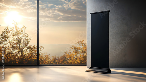 Black rollup banner mockup, standing in a studio. 3D rendering. high resolution AI Generative image