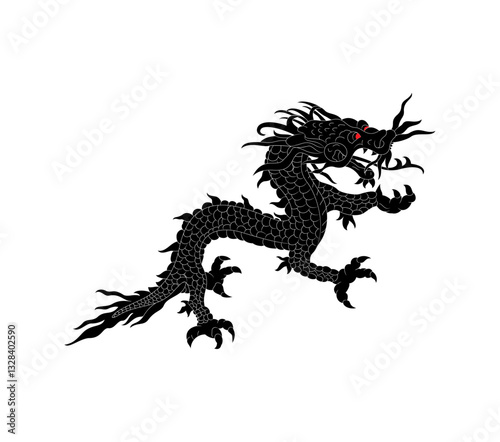 Chinese Dragon cute character. Easternn calendar beast. Asian traditional animal. black and white dragon.