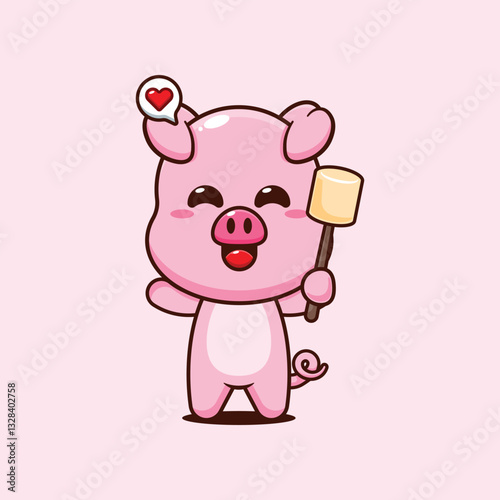 Pig cartoon vector illustration eating marshmallow