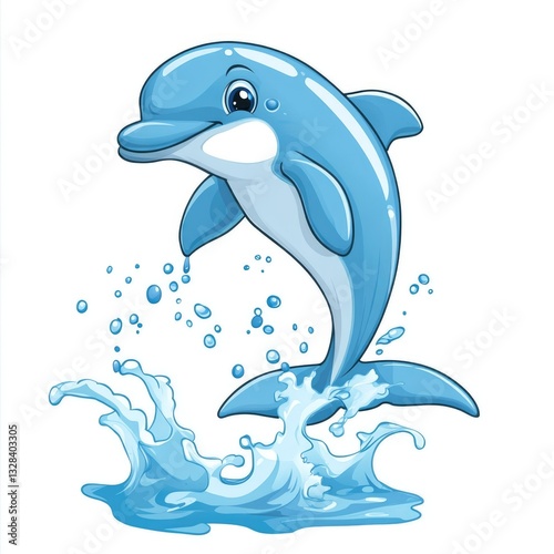 A friendly cartoon dolphin is jumping out of the water playfully