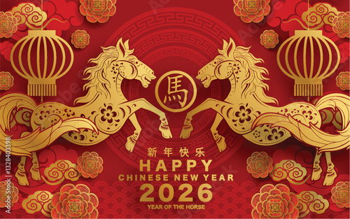 Happy chinese new year 2026 the horse zodiac sign with flower,lantern,asian elements red and gold color paper cut style on color background. ( Translation : happy new year 2026 year of the horse )