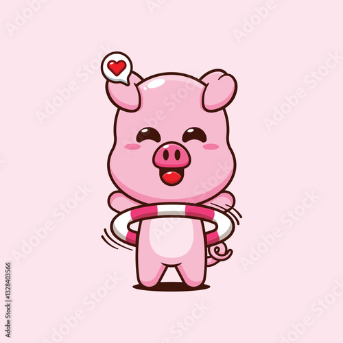 Pig cartoon vector illustration playing hula hoop