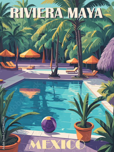 Mexico Travel Destination Poster in retro style. Riviera Maya resort pool in jungle digital print. Exotic summer vacation, holidays concept. Vintage vector colorful illustrations.