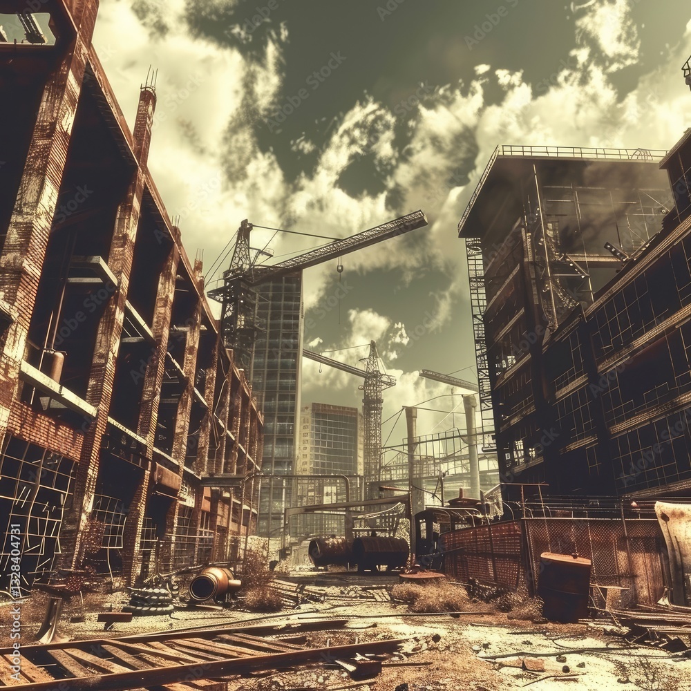 Fototapeta premium Ruined industrial cityscape under a dramatic sky
