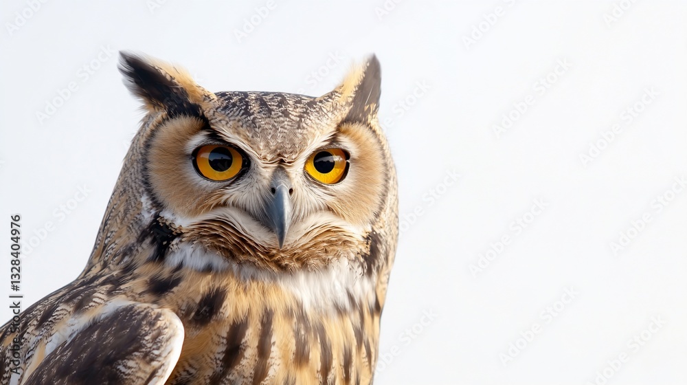 Majestic owl, detailed close-up portrait with striking orange eyes Majestic owl, detailed close-up portrait with striking orange eyes