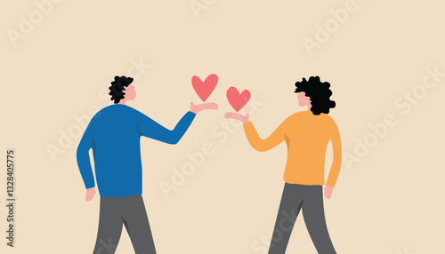 Illustration of a man and woman exchanging hearts, symbolizing open-mindedness, love, and mutual connection. Perfect for concepts of empathy, relationship building, and emotional understanding.