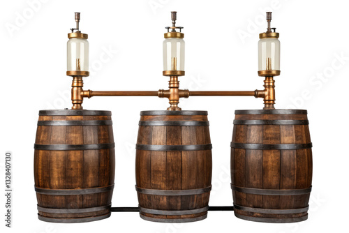 Three wooden barrels with vintage brass pumps isolated with transparent background