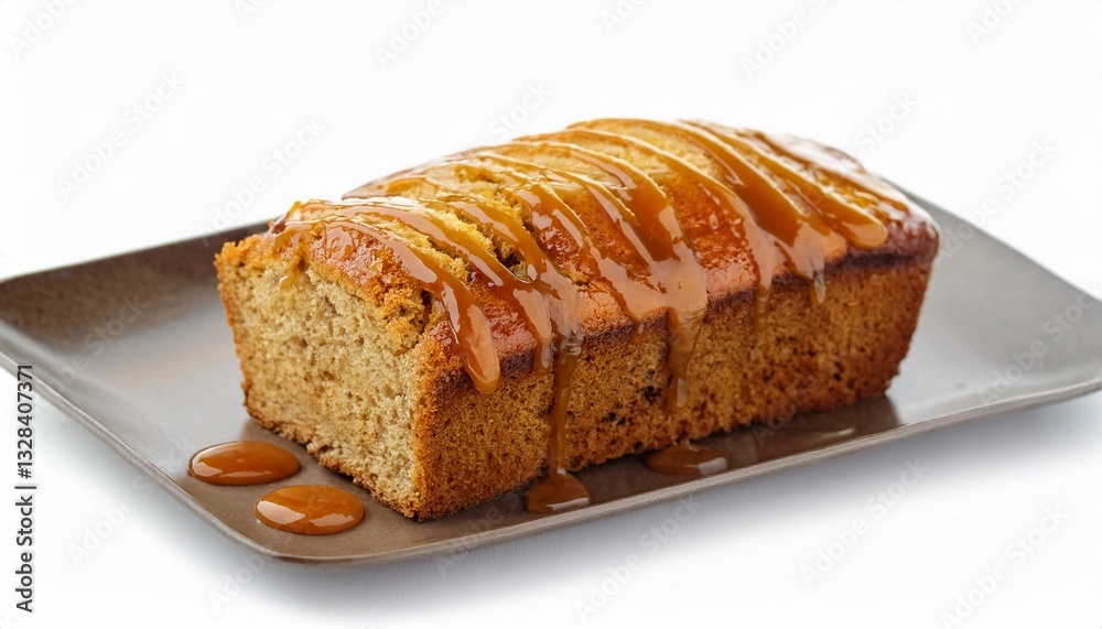 Golden-brown loaf cake, generously drizzled with a rich caramel glaze, sits on a brown rectangular plate. A delectable treat! Golden-brown loaf cake, generously drizzled with a rich caramel glaze, sits on a brown rectangular plate. A delectable treat!
