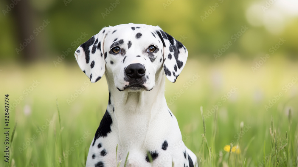 Dalmatian in the Meadow: A striking Dalmatian with its iconic black spots gazes attentively in a vibrant green meadow. Dalmatian in the Meadow: A striking Dalmatian with its iconic black spots gazes attentively in a vibrant green meadow.