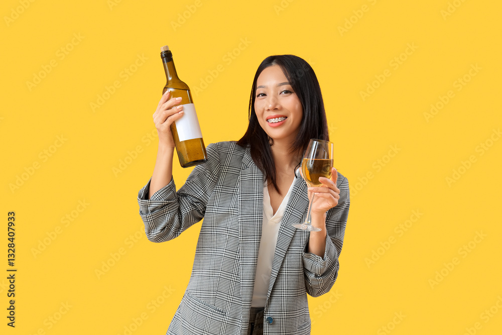 Beautiful Asian businesswoman with glass and bottle of wine on yellow background Beautiful Asian businesswoman with glass and bottle of wine on yellow background