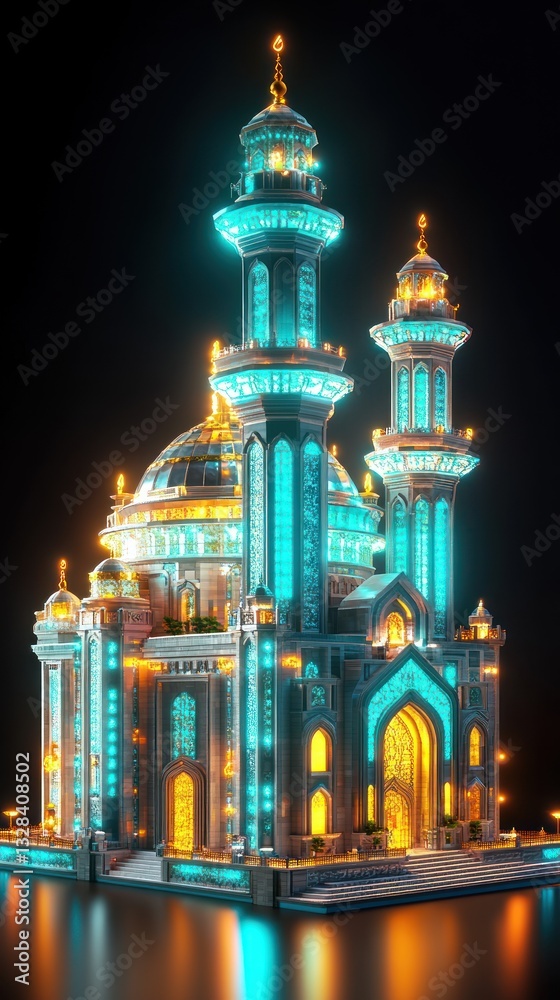Obraz premium A Glowing Architectural Islamic Structure with Minarets and a Dome