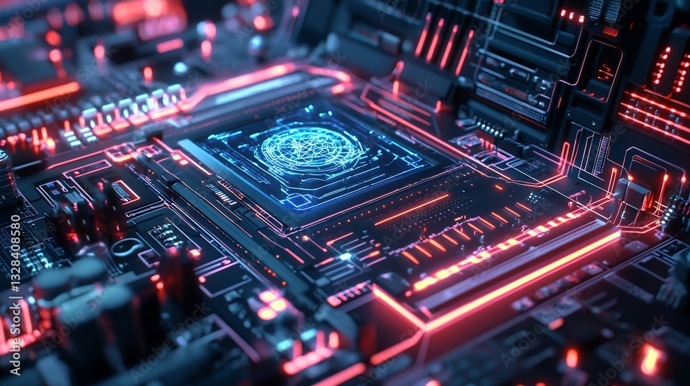 Obraz premium Advanced quantum data processing unit AI holographic interface ultra HD futuristic cybernetic workstation