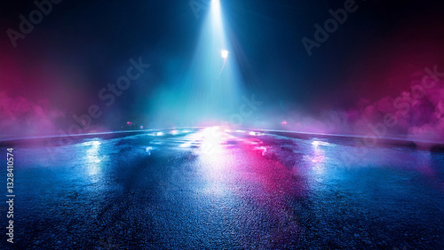Futuristic Neon Light Trails on Wet Asphalt with Misty Atmosphere Generated Image