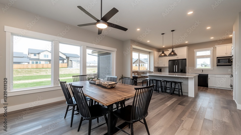 Fototapeta premium Modern dining room, open kitchen, natural light, wood table, chairs, windows
