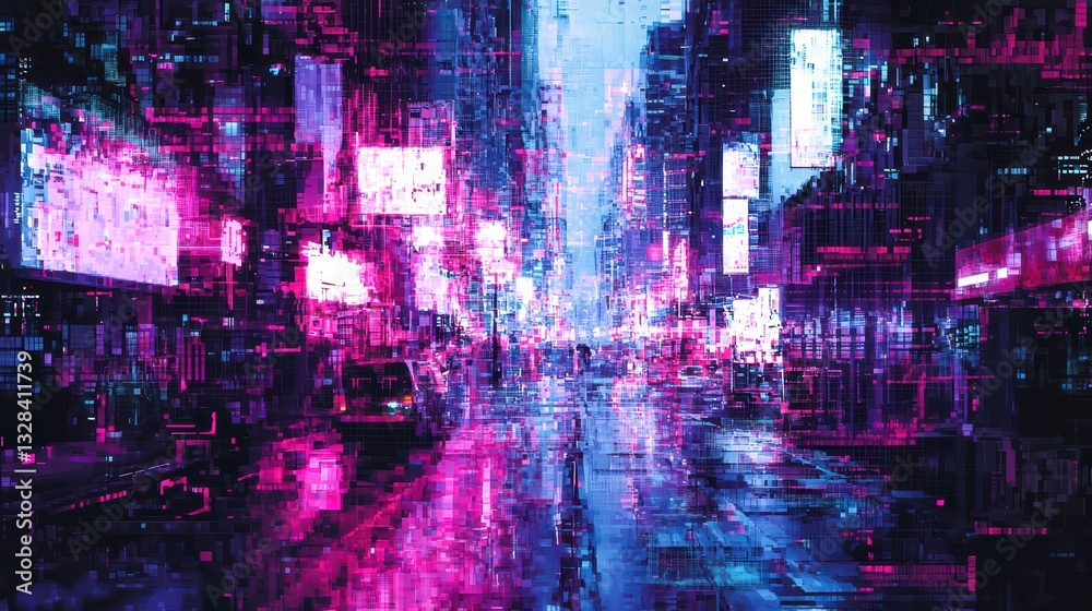 Naklejka premium Neon Cityscape: A futuristic metropolis at night, pulsating with neon lights and a vibrant energy, reflecting on wet streets creating an immersive cyberpunk vision.