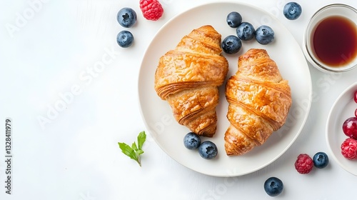 Two yummy croissants for breakfast on the white
