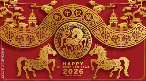 Happy chinese new year 2026 the horse zodiac sign with flower,lantern,asian elements red and gold color paper cut style on color background. ( Translation : happy new year 2026 year of the horse )